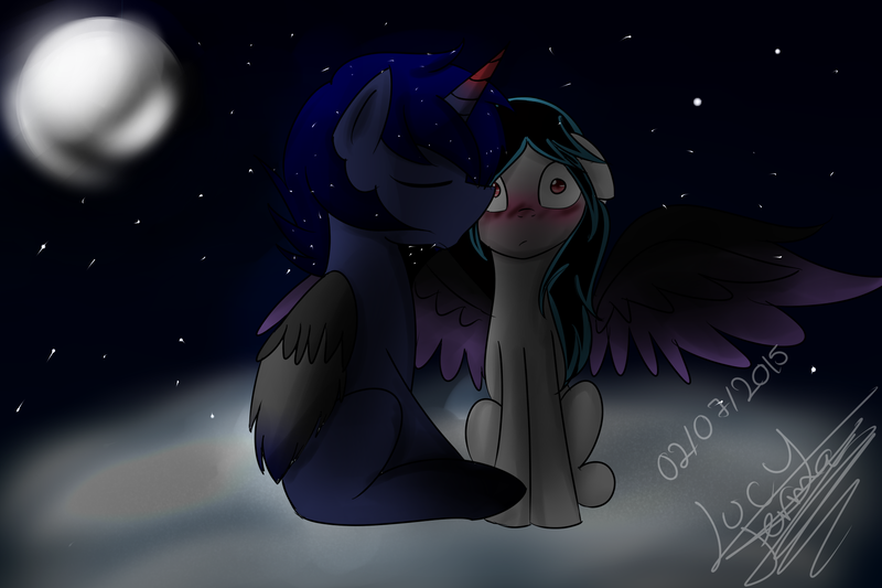 Size: 1800x1200 | Tagged: safe, artist:scarlett-letter, derpibooru import, oc, oc:moon shadow, oc:rose keyblade, alicorn, pony, alicorn oc, blushing, cloud, couple, ethereal mane, female, kiss on the cheek, kissing, male, mare, moon, oc x oc, offspring, offspring shipping, parent:king sombra, parent:princess luna, parents:lumbra, shipping, spread wings, stallion, starry mane, wingboner, wings