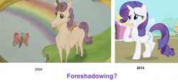 Size: 1816x834 | Tagged: safe, derpibooru import, edit, edited screencap, screencap, rarity, butterfly, pony, unicorn, simple ways, blushing, coincidence, comparison, cute, female, foreshadowing, jimmy neutron, mare, painting, pony reference, rainbow, tongue out