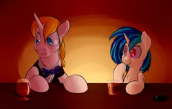 Size: 1100x700 | Tagged: artist:goat train, ashtray, bar, booze, derpibooru import, drink, embarrassed, fanfic art, giggling, missing accessory, prince blueblood, safe, vinyl scratch, wavy mouth