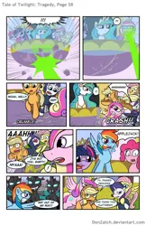 Size: 792x1224 | Tagged: safe, artist:donzatch, derpibooru import, applejack, fluttershy, pinkie pie, princess cadance, princess celestia, rainbow dash, rarity, twilight sparkle, twilight sparkle (alicorn), alicorn, changeling, pony, comic:tale of twilight, balcony, barrier, beam, comic, female, magic, mane six, mare