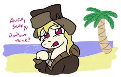 Size: 933x596 | Tagged: artist:jargon scott, clothes, coat, derpibooru import, dialogue, hat, island, march gustysnows, palm tree, safe, sand, sweat, tree