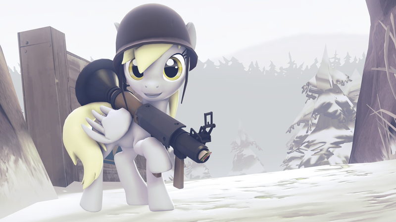 Size: 3840x2160 | Tagged: safe, artist:gergta, derpibooru import, derpy hooves, pegasus, pony, 3d, crossover, cute, female, helmet, mare, rocket launcher, sandwich, soldier, solo, source filmmaker, team fortress 2