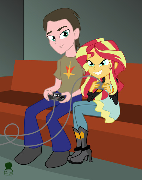 Size: 1280x1620 | Tagged: safe, artist:cjsclopcorner, derpibooru import, sunset shimmer, oc, oc:theotakux, equestria girls, canon x oc, controller, couch, nintendo entertainment system, shipping