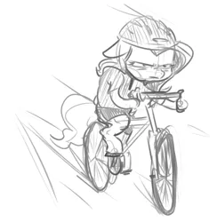 Size: 1185x1214 | Tagged: artist:nobody, bicycle, bike shorts, clothes, derpibooru import, floppy ears, fluttershy, frown, glare, helmet, hoof hold, monochrome, safe, semi-anthro, shirt, sketch, solo
