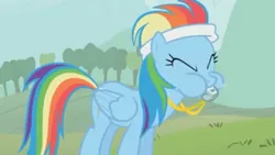 Size: 960x540 | Tagged: blowing, call of the cutie, coach, derpibooru import, eyes closed, headband, kite flying, puffy cheeks, rainblow dash, rainbow dash, rainbow dashs coaching whistle, safe, screencap, solo, spit, spitting, whistle, whistle necklace