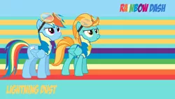 Size: 1920x1080 | Tagged: artist:asurroca, artist:templarhappy, derpibooru import, goggles, lightning dust, rainbow dash, safe, vector, wallpaper, wonderbolt trainee uniform