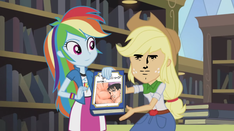 Size: 1280x719 | Tagged: questionable, derpibooru import, edit, edited screencap, screencap, applejack, rainbow dash, equestria girls, friendship games, book, kuso miso technique, meme, we like this book, yaranaika