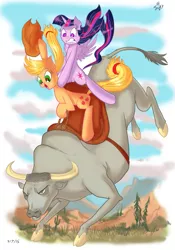 Size: 605x864 | Tagged: safe, artist:jowybean, derpibooru import, applejack, twilight sparkle, twilight sparkle (alicorn), alicorn, bull, earth pony, pony, twijack weekly, bucking, bull riding, cloven hooves, female, gritted teeth, lesbian, male, mare, open mouth, ponies riding bulls, riding, rodeo, saddle, shipping, twijack