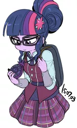 Size: 849x1410 | Tagged: safe, artist:nekubi, derpibooru import, sci-twi, twilight sparkle, equestria girls, friendship games, amulet, clothes, crystal prep academy, female, glasses, hair bun, magic capture device, pleated skirt, school uniform, simple background, skirt, solo, white background