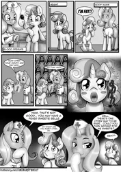 Size: 1860x2622 | Tagged: suggestive, artist:anibaruthecat, derpibooru import, sweetie belle, oc, oc:cobalt, comic:cutiemark check-up, canon x oc, comic, femboy, foalcon, male, maw, monochrome, nurse outfit, sweetie derelle, this will end in jail time