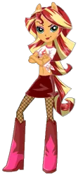 Size: 225x509 | Tagged: safe, derpibooru import, sunset shimmer, equestria girls, belly button, clothes, crossed arms, cutie mark, cutie mark clothes, design, fishnets, human facial structure, knee-high boots, leather skirt, midriff, miniskirt, ponied up, shirt, shirt design, side knot midriff, simple background, skirt, smirk, solo, t-shirt, transparent background, zettai ryouiki