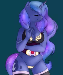 Size: 1024x1229 | Tagged: anthro, artist:sofilut, breasts, cleavage, clothes, derpibooru import, eyes closed, female, panties, princess luna, socks, solo, solo female, suggestive, thigh highs, thong, underwear