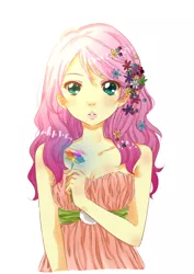 Size: 1024x1448 | Tagged: artist:lovecupcake20, clothes, derpibooru import, female, flower, flower in hair, fluttershy, human, humanized, looking at you, rainbow power, safe, simple background, solo, white background