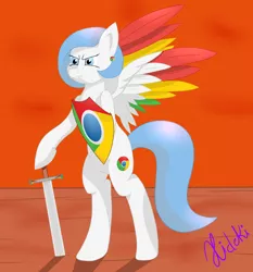 Size: 2800x3000 | Tagged: artist:hideki, browser ponies, colored wings, colored wingtips, derpibooru import, google, google chrome, multicolored wings, oc, oc:google chrome, safe, semi-anthro, shield, sunset, sword, unofficial characters only