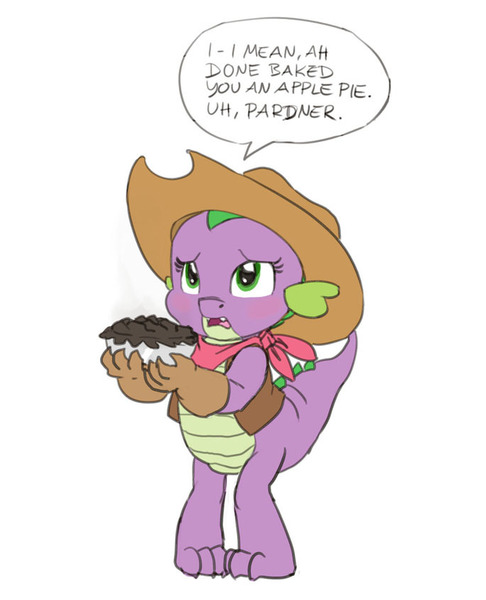 Size: 685x845 | Tagged: artist:carnifex, barb, burned, cowgirl, derpibooru import, dialogue, pie, rule 63, safe, solo, spike