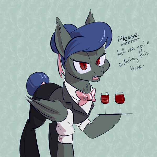 Size: 700x700 | Tagged: safe, artist:goat train, deleted from derpibooru, derpibooru import, oc, unofficial characters only, bat pony, pony, annoyed, clothes, dialogue, hoof hold, solo, tray, waitress, wine