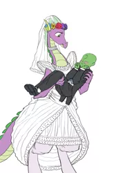 Size: 812x1140 | Tagged: artist:carnifex, barb, blushing, bride, carrying, clothes, derpibooru import, dragon, dress, female, human, male, marriage, oc, oc:anon, older, older spike, rule 63, safe, shipping, spike, straight, wedding dress