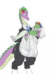Size: 812x1140 | Tagged: artist:carnifex, barb, blushing, bridal carry, bride, carrying, clothes, crossdressing, derpibooru import, dragon, dress, female, human, male, marriage, oc, oc:anon, older, older spike, panties, role reversal, rule 63, shipping, skirt, spike, straight, suggestive, suit, underwear, upskirt, wedding dress, white underwear
