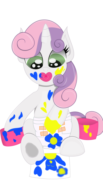 Size: 670x1191 | Tagged: artist:the-crusader-network, baby belle, derpibooru import, diaper, foal, hoof painting, pacifier, painting, painting her diaper, safe, sweetie belle, white diaper