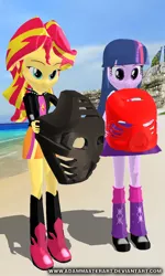 Size: 768x1279 | Tagged: safe, artist:adammasterart, derpibooru import, sunset shimmer, equestria girls, 3d, beach, bionicle, kanohi hau, kanohi pakari, lego, mask of earth, mask of fire, mask of shielding, mask of strength, mmd, onua, tahu