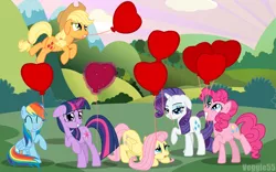 Size: 1950x1219 | Tagged: safe, artist:veggie55, derpibooru import, applejack, fluttershy, pinkie pie, rainbow dash, rarity, twilight sparkle, balloon, heart, heart balloon, magic, mane six, mouth hold