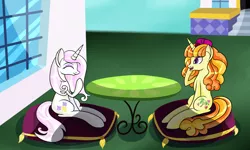 Size: 1280x768 | Tagged: safe, artist:novaspark, derpibooru import, fleur-de-lis, tropical dream, pony, unicorn, canterlot, pillow, sitting, table