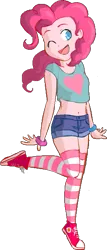 Size: 243x568 | Tagged: artist needed, belly button, clothes, converse, derpibooru import, female, heart, human, humanized, magical friends, midriff, pinkie pie, safe, shoes, shorts, short shirt, socks, solo, striped socks, wink