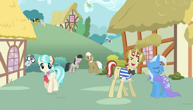 Size: 1184x674 | Tagged: safe, artist:misssensitiveness48, derpibooru import, cheese sandwich, coco pommel, derpy hooves, flam, flim, frederic horseshoepin, lightning dust, octavia melody, photo finish, prince blueblood, silver shill, trixie, pegasus, pony, cocoshill, female, flim flam brothers, flixie, fredtavia, male, mare, muffin, shipping, straight