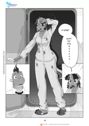 Size: 1200x1697 | Tagged: anthro, artist:pia-sama, clothes, comic, comic:rogue diamond, derpibooru import, dialogue, door, monochrome, older, older spike, pajamas, plantigrade anthro, safe, slippers, spike, stain, surprised, twilight sparkle, what a twist