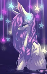 Size: 1001x1572 | Tagged: artist:marshmellowcannibal, derpibooru import, fluttershy, safe, solo, stars, water