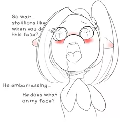 Size: 1200x1229 | Tagged: suggestive, artist:arkiiwarki, derpibooru import, rumble, ask trap-rumble, alternate hairstyle, blushing, choker, cute, dialogue, drool, ear blush, eyelashes, foal, male, monochrome, open mouth, tongue out, trap