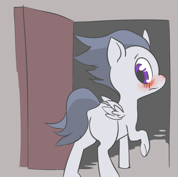 Size: 1200x1195 | Tagged: artist:arkiiwarki, ask trap-rumble, blushing, colt, derpibooru import, door, doorway, looking back, male, one hoof raised, one leg raised, plot, rumble, safe, solo, trap, wings