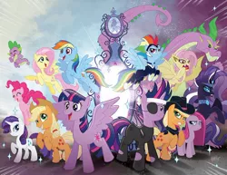 Size: 1000x771 | Tagged: safe, artist:tonyfleecs, derpibooru import, idw, applejack, fluttershy, nightmare rarity, pinkie pie, rainbow dash, rarity, spike, twilight sparkle, twilight sparkle (alicorn), zapp, alicorn, pony, adult spike, alternate universe, cover, female, flutterbat, future twilight, jpg artifacts, magic mirror, mane seven, mane six, mare, multiverse, older, pinkamena diane pie, power ponies, self ponidox, spikezilla