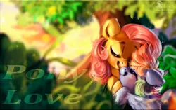 Size: 900x564 | Tagged: safe, artist:lulemt, derpibooru import, fluttershy, rainbow dash, female, flutterdash, lesbian, nuzzling, shipping, tree