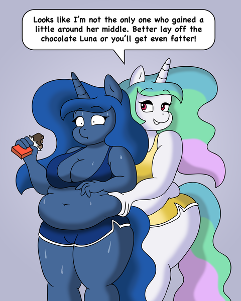 Size: 4000x5000 | Tagged: addiction, anthro, artist:lordstormcaller, belly, belly button, big belly, breasts, busty princess luna, chocolate, chocolate addict, chocolate bar, chocoluna, chubby, chubbylestia, cleavage, derpibooru import, dialogue, fat, female, grope, luna loves chocolate, muffin top, need to go on a diet, need to lose weight, overeating, overweight, plump, princess celestia, princess luna, princess moonpig, series:the royal sisters saga, suggestive, sweat, that pony sure does love chocolate, thunder thighs, wide hips