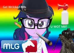 Size: 898x642 | Tagged: safe, derpibooru import, sci-twi, twilight sparkle, equestria girls, 420, airhorn, blunt, mlg, quickscope, u wot m8