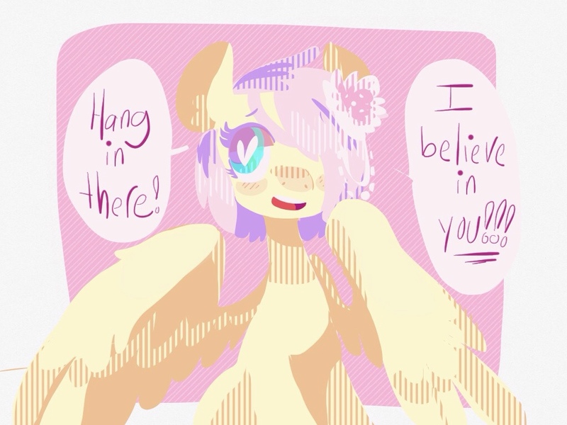 Size: 1024x768 | Tagged: alternate hairstyle, artist:supernoncutie, derpibooru import, flower, flower in hair, fluttershy, hair over one eye, hanging, hang in there, motivational, positive ponies, safe, sitting, solo, speech bubble, spread wings, wings