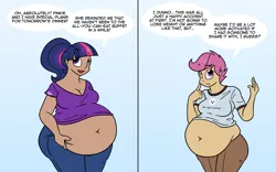 Size: 1600x1000 | Tagged: dead source, safe, artist:irateliterate, derpibooru import, pinkie pie, scootaloo, twilight sparkle, human, ask feedee twilight, bbw, belly, belly button, belly grab, big belly, chubby, cleavage, fat, female, humanized, innie belly button, lesbian, obese, scootalard, shipping, twilard sparkle, twinkie