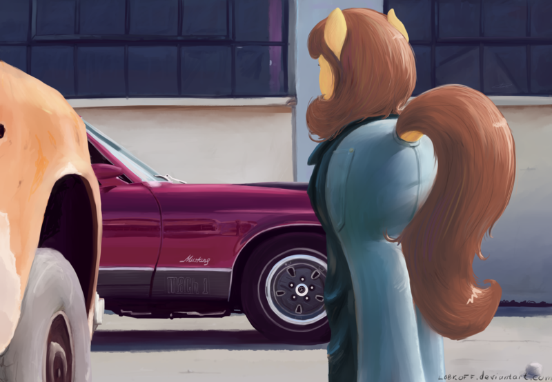 Size: 3918x2714 | Tagged: artist:apocheck13, car, clothes, derpibooru import, detailed, dock, ford, ford mustang, ford mustang mach 1, jeans, oc, pants, plot, safe, solo, unofficial characters only