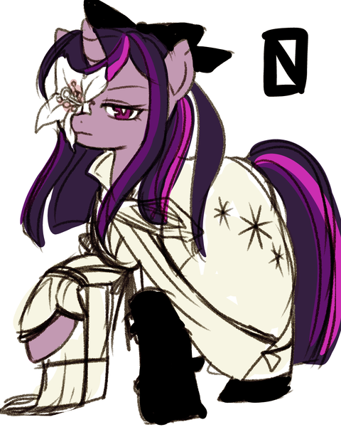 Size: 1024x1280 | Tagged: safe, artist:umeguru, derpibooru import, twilight sparkle, pony, unicorn, clothes, cosplay, costume, drakengard, drakengard 3, dress, flower, frown, glare, lidded eyes, looking at you, prosthetics, raised hoof, simple background, solo, white background, zero (drakengard)