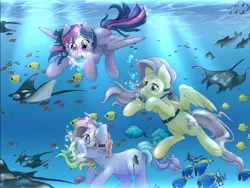 Size: 1280x960 | Tagged: safe, artist:lampehannah, derpibooru import, fluttershy, twilight sparkle, twilight sparkle (alicorn), oc, oc:spectrum, alicorn, fish, pony, female, magic, mare, ocean, scuba, underwater