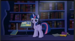 Size: 1009x561 | Tagged: safe, derpibooru import, screencap, twilight sparkle, twilight sparkle (alicorn), alicorn, pony, amending fences, book, bookshelf, discovery family logo, female, mare, predictions and prophecies, solo, twilight's canterlot home