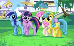 Size: 2560x1600 | Tagged: safe, artist:mysticalpha, derpibooru import, lemon hearts, minuette, twilight sparkle, twinkleshine, pony, unicorn, amending fences, canterlot, female, looking at each other, mare, open mouth, raised hoof, smiling, walking, wallpaper