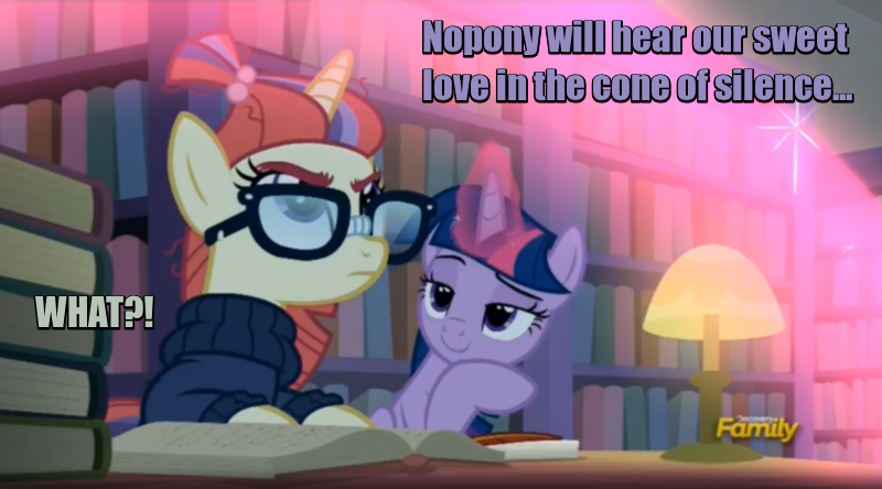 Size: 800x444 | Tagged: suggestive, derpibooru import, edit, edited screencap, screencap, moondancer, twilight sparkle, twilight sparkle (alicorn), alicorn, pony, unicorn, amending fences, bedroom eyes, bubble of silence, canterlot library, discovery family logo, female, get smart, image macro, it begins, lesbian, magic, mare, meme, shipping, the cone of silence, twidancer