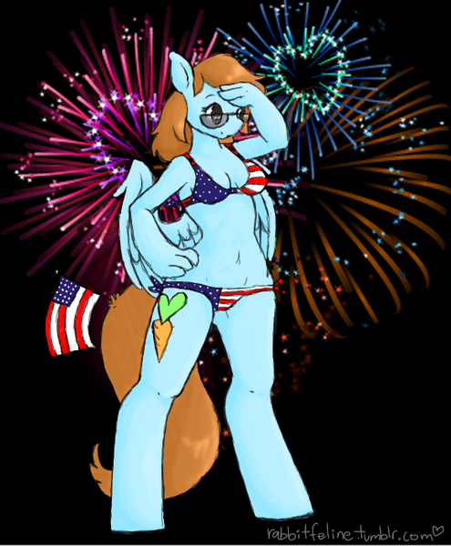 Size: 536x650 | Tagged: 4th of july, american flag, american flag bikini, american independence day, anthro, artist:bunnycat, belly button, bikini, clothes, derpibooru import, fireworks, flag bikini, freedom, independence day, murica, oc, oc:bunny, safe, salute, sunglasses, swimsuit, tumblr blog, unguligrade anthro, united states, unofficial characters only