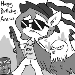 Size: 726x726 | Tagged: safe, artist:tjpones, derpibooru import, oc, oc:brownie bun, unofficial characters only, eagle, earth pony, pony, horse wife, american independence day, bipedal, cactus, cheetos, clothes, dialogue, ear fluff, female, fuck yeah, grayscale, gun, hat, hoof hold, independence day, mare, missile, monochrome, murica, shirt, shotgun, simple background, straw in mouth, sunglasses, united states, weapon, white background