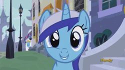 Size: 500x280 | Tagged: safe, derpibooru import, screencap, minuette, pony, unicorn, amending fences, animated, building, canterlot, cute, discovery family logo, eyes closed, female, grin, looking at you, mare, minubetes, outdoors, pov, smiling, solo, streetlight, talking