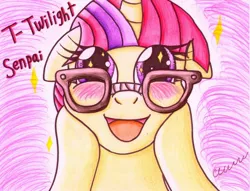 Size: 1646x1260 | Tagged: amending fences, artist:the1king, blushing, derpibooru import, glasses, implied lesbian, moondancer, safe, senpai, senpai noticed me, shipping, solo, twidancer