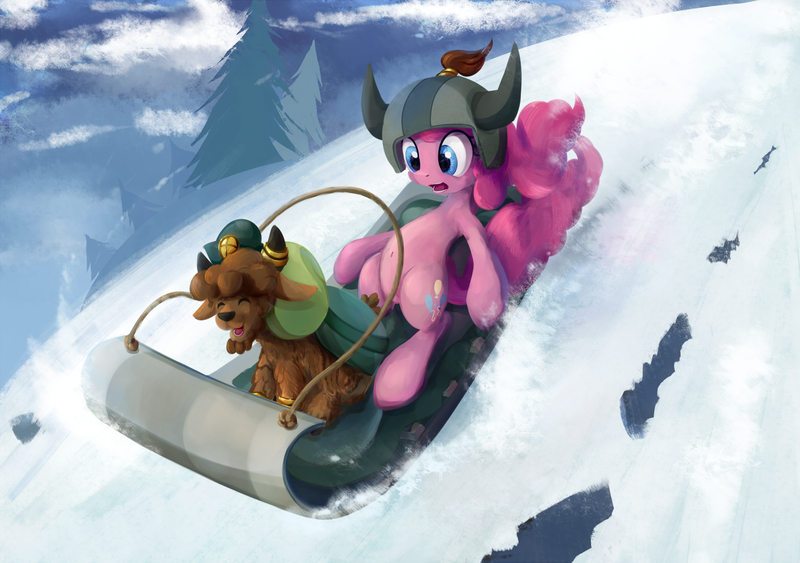 Size: 1706x1200 | Tagged: safe, artist:scootiebloom, derpibooru import, pinkie pie, earth pony, pony, yak, party pooped, belly button, calf, female, helmet, horn ring, horned helmet, mare, scene interpretation, sled, sledding, snow, viking helmet, yak calf, young