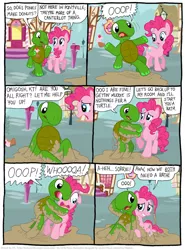 Size: 809x1096 | Tagged: anthro, anthro oc, artist:kturtle, comic, derpibooru import, mud, non-mlp oc, oc, oc:kinky turtle, pinkie pie, safe, source needed, sugarcube corner, turtle, useless source url